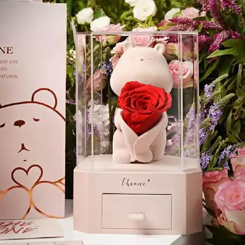 原价329现价299theone唯忆永生花红玫瑰花熊情人节礼物生日礼盒520干花真花抽屉首饰盒鲜花速递桌摆情侣送女朋友表白神器