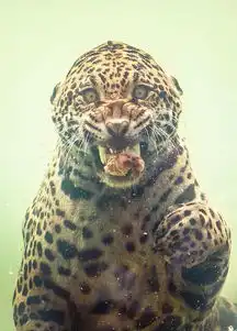 摄影师拍下美洲虎水下捕猎罕见照片,面目狰狞却透着蠢萌之感